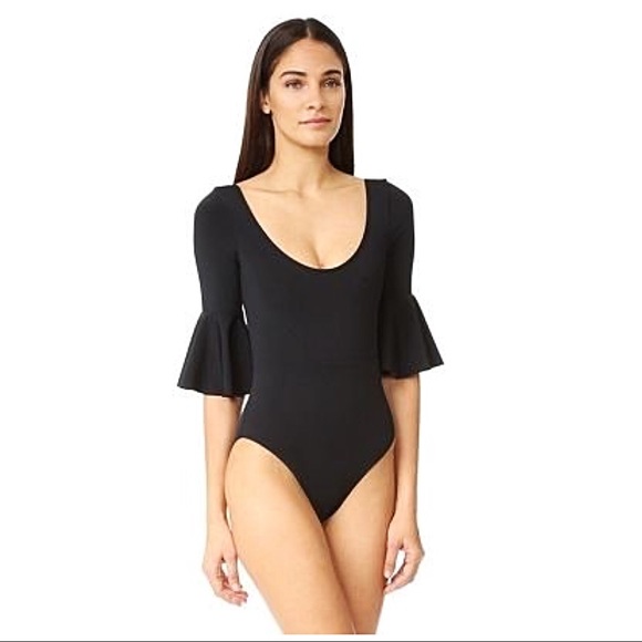 Black Ruffle Half Sleeve Sexy One Piece Swimsuit - Picture 3 of 4
